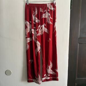 Red Mulberry Silk Crane Print Pajama Pants | Large